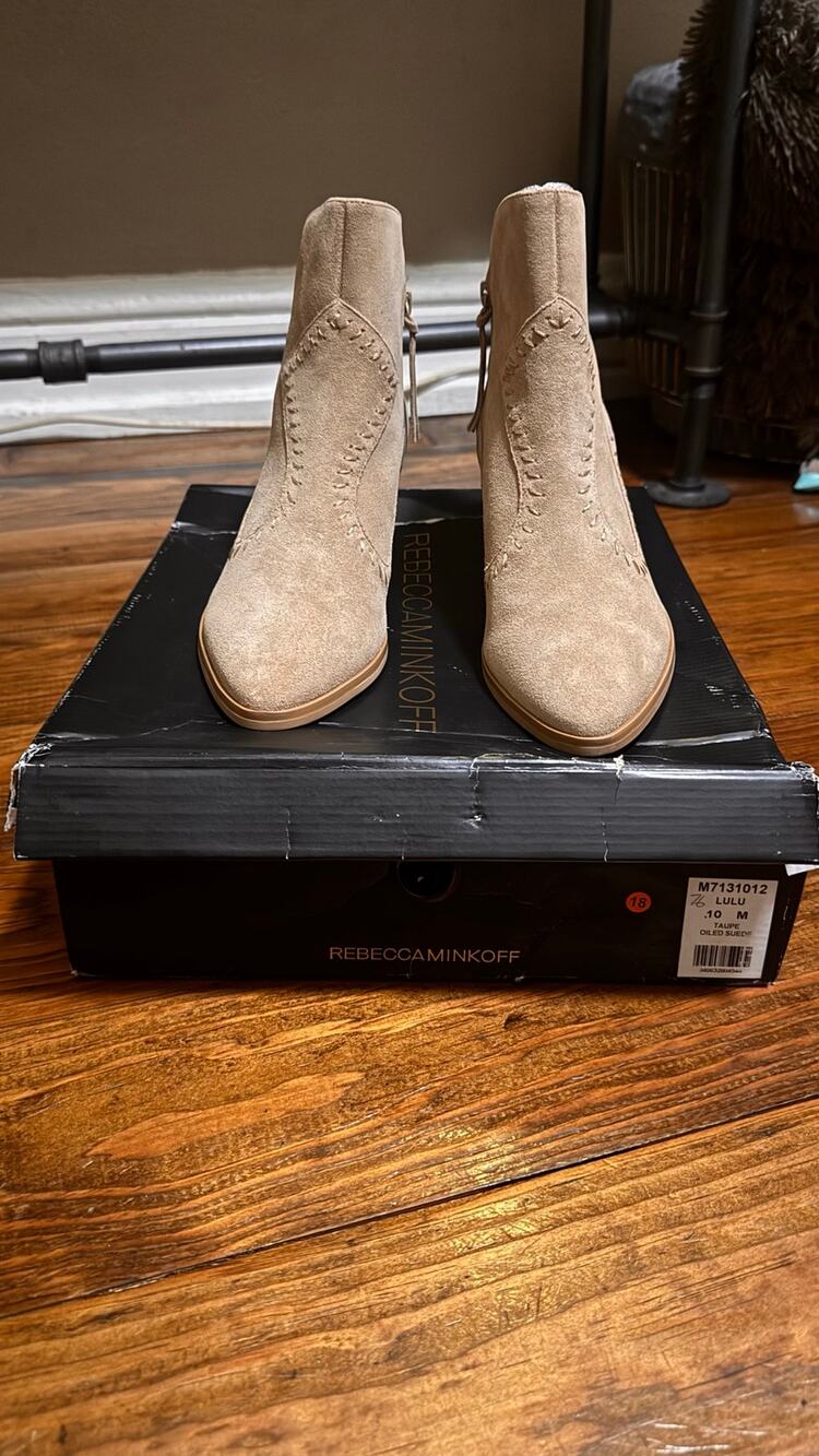 Rebecca Minkoff Lulu Taupe Suede Women's Ankle Boots Zip Tassel Pointed US 10
